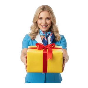 Flight attendant holding a yellow gift box with a red bow